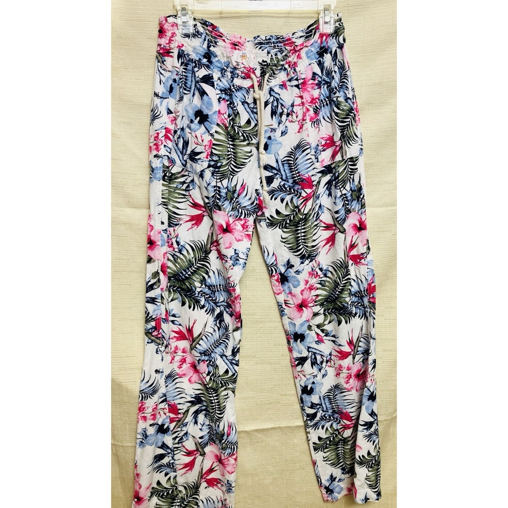 Cali 1850 Boho Floral Wide Leg Pants Womens  Sz L Linen Blend Resort Beach Vibes